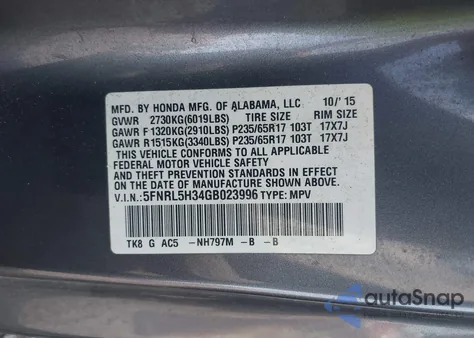 2016 Honda Odyssey Se from USA, damaged, VIN 5FNRL5H34GB023996